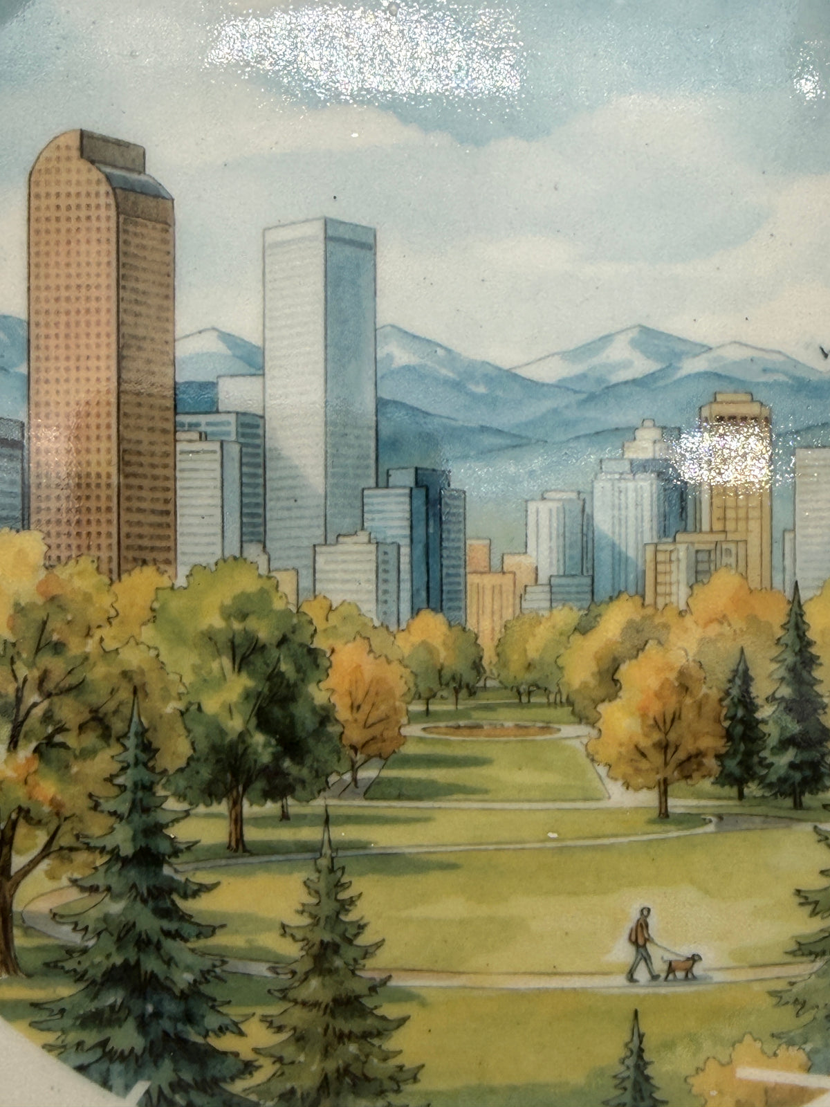 Fall Denver city park and skyline artwork from Mile High Pup dog bowl