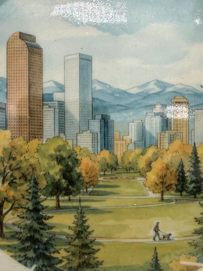 Fall Denver city park and skyline artwork from Mile High Pup dog bowl