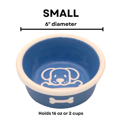 The Bow Wow Collection - Handmade Ceramic Pet Bowl with Custom Color and White Outline Dog Image with Bone