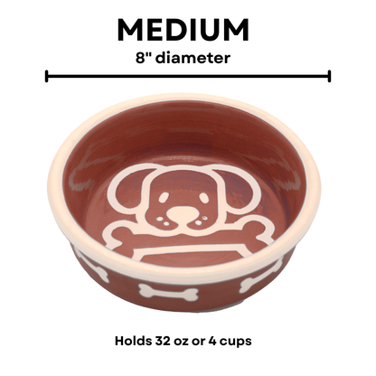 The Bow Wow Collection - Handmade Ceramic Pet Bowl with Custom Color and White Outline Dog Image with Bone