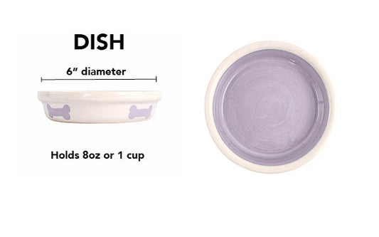 Lavender handmade ceramic pet dish with lavender bone design around the white exterior, solid lavender glazed interior and white rim, 6-inch diameter and 1-cup (8-ounce) capacity.
