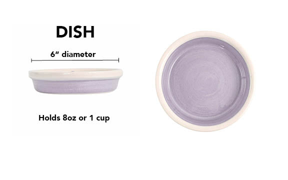 Lavender handmade ceramic pet dish with solid lavender glaze and white rim, 6-inch diameter and 1-cup (8-ounce) capacity.