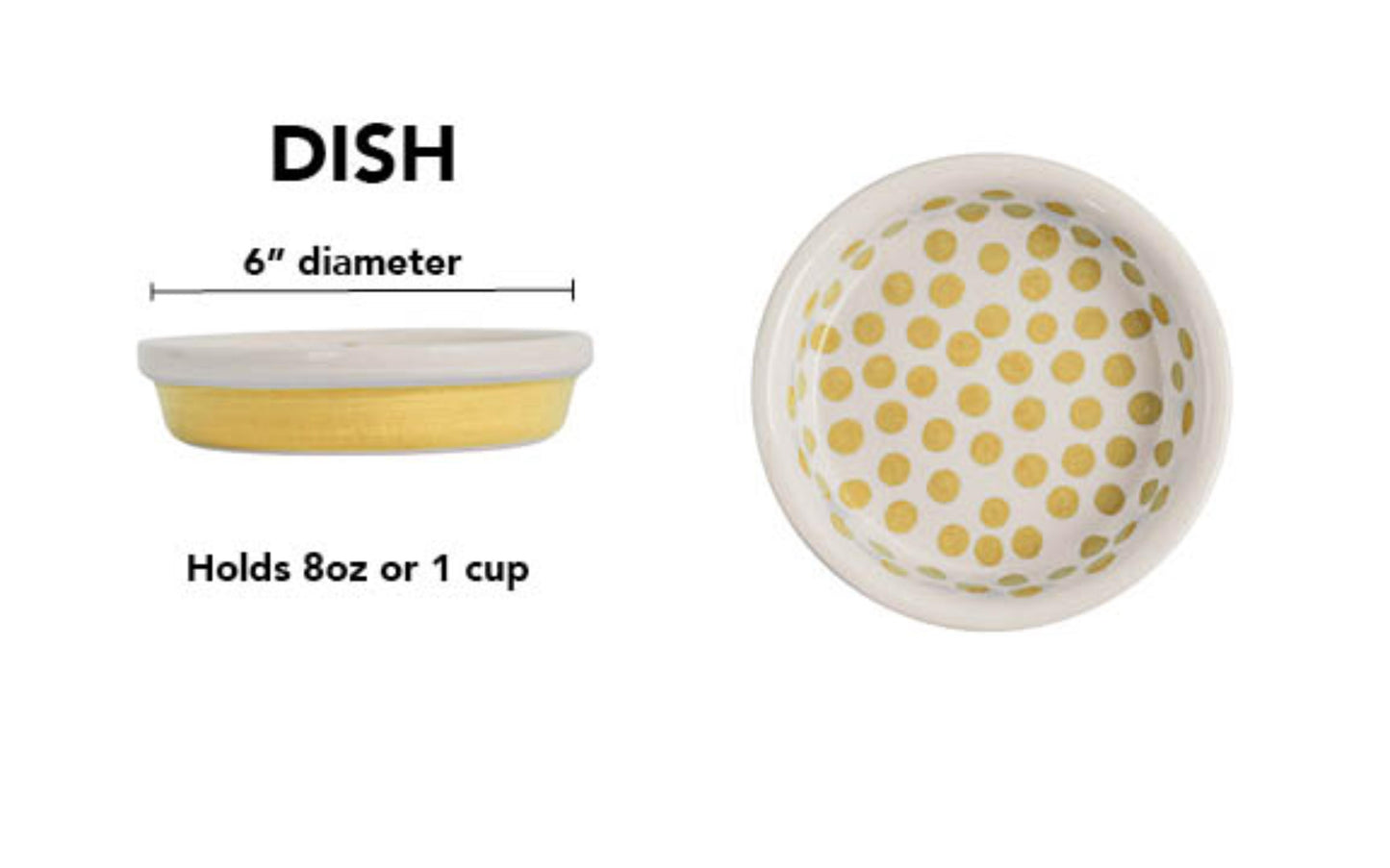 Yellow handmade ceramic pet dish with yellow polka dots inside, rich yellow color-washed exterior and white rim, 6-inch diameter and 1-cup (8-ounce) capacity.