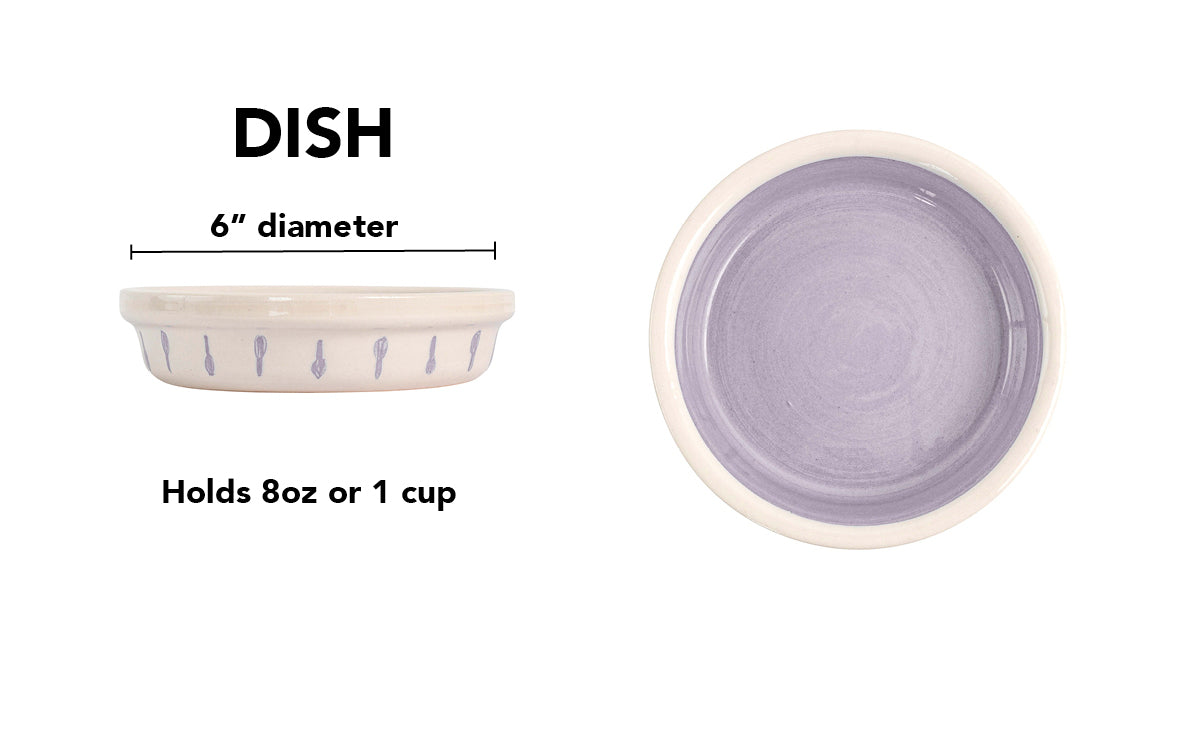 Lavender handmade ceramic pet dish with lavender vertical drip details around the white exterior, glossy lavender interior and white rim, 6-inch diameter and 1-cup (8-ounce) capacity.