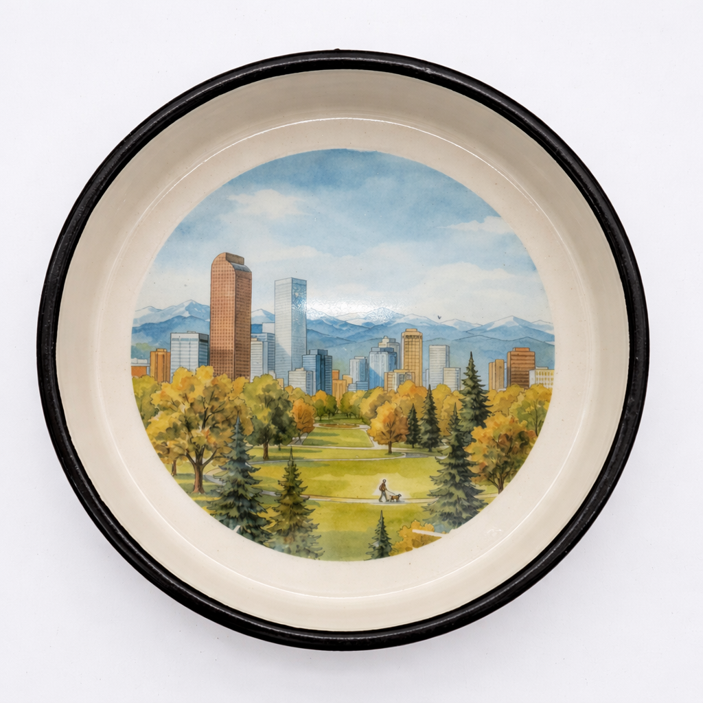 Denver skyline ceramic dog bowl inspired by the fall view from City Park toward downtown