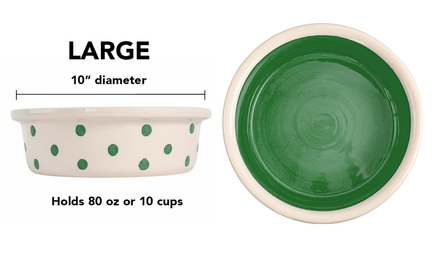 Large green handmade ceramic dog and cat bowl with large hand-painted dots, solid green interior, 10-inch diameter, and 10-cup (80-ounce) capacity.