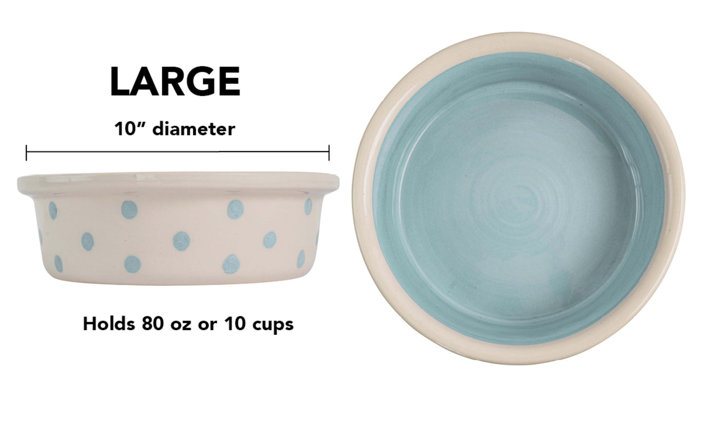 Large sky blue handmade ceramic dog and cat bowl with large hand-painted dots, solid sky blue interior, 10-inch diameter, and 10-cup (80-ounce) capacity.
