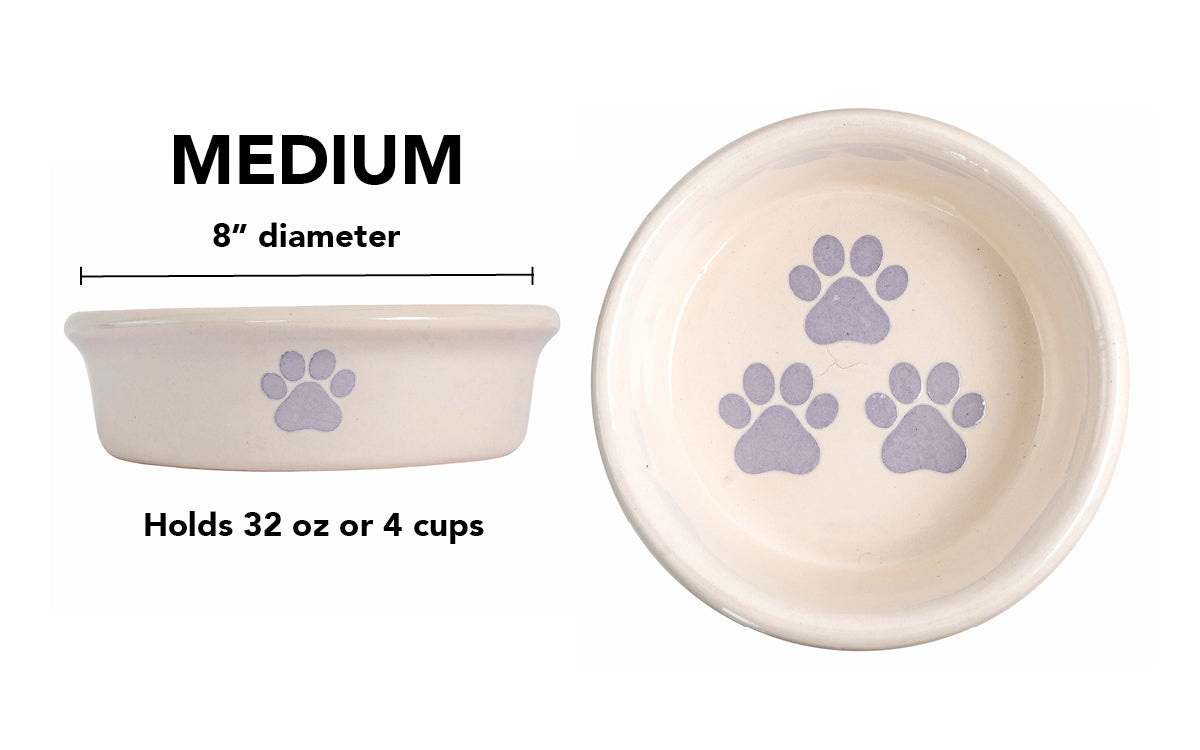Pawsome Collection (Alternate) - Handmade Ceramic Pet Bowl with Colored Paw Prints on White Clay