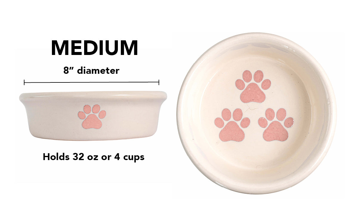 Pawsome Collection (Alternate) - Handmade Ceramic Pet Bowl with Colored Paw Prints on White Clay