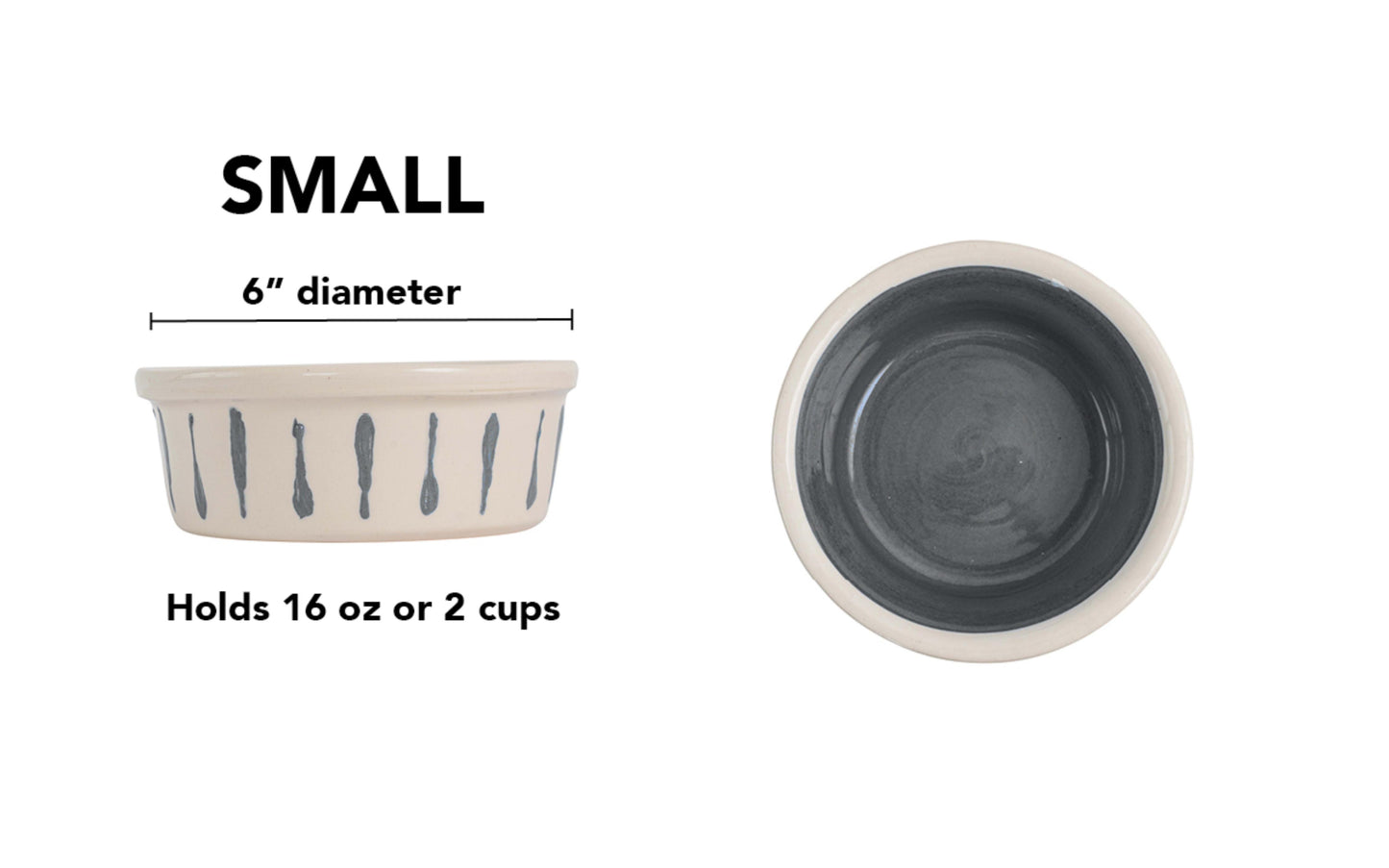 Small charcoal gray handmade ceramic dog and cat bowl with charcoal gray vertical drip details around the white exterior, glossy charcoal gray interior and white rim, 6-inch diameter and 2-cup (16-ounce) capacity.