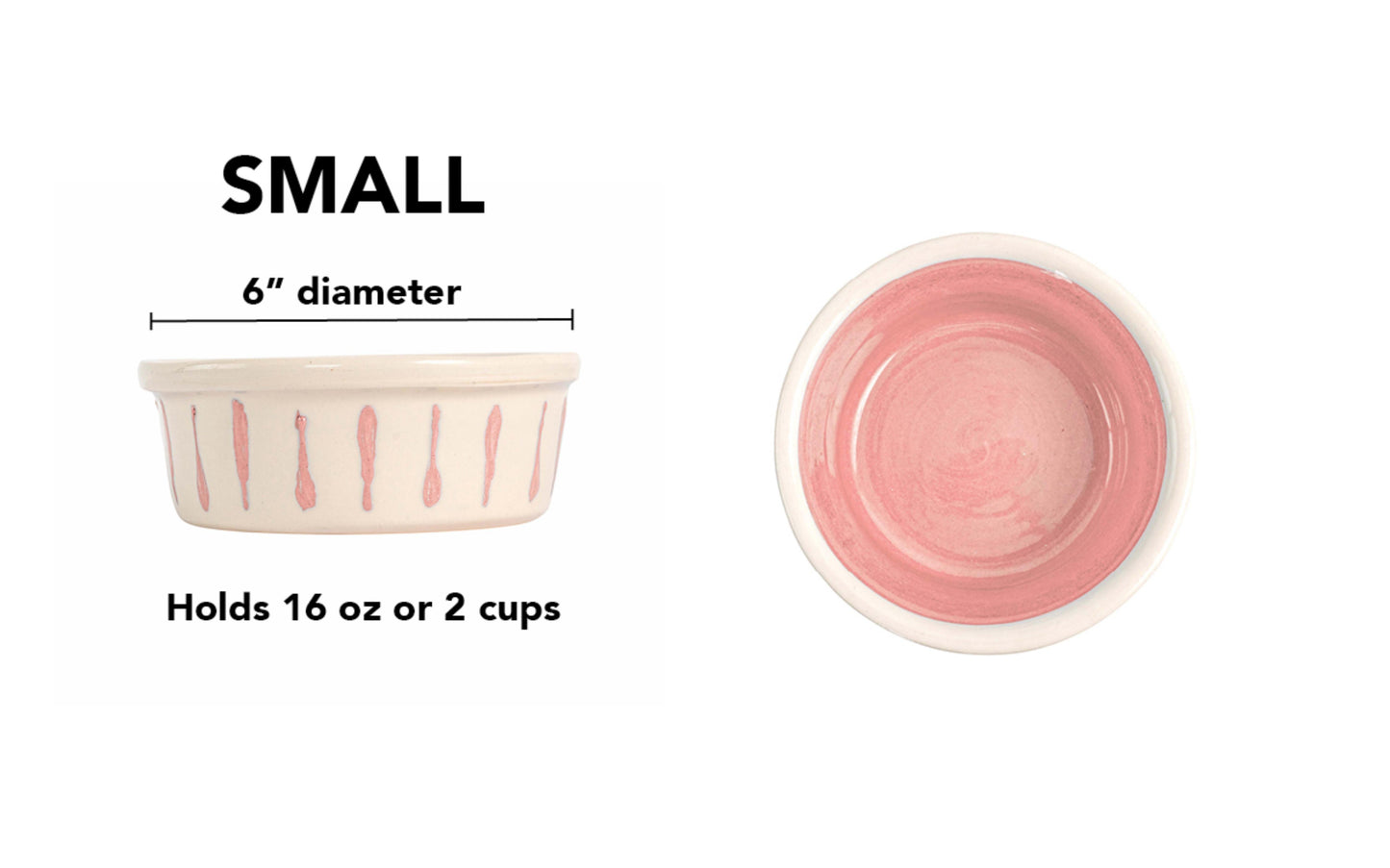 Small pink handmade ceramic dog and cat bowl with pink vertical drip details around the white exterior, glossy pink interior and white rim, 6-inch diameter and 2-cup (16-ounce) capacity.