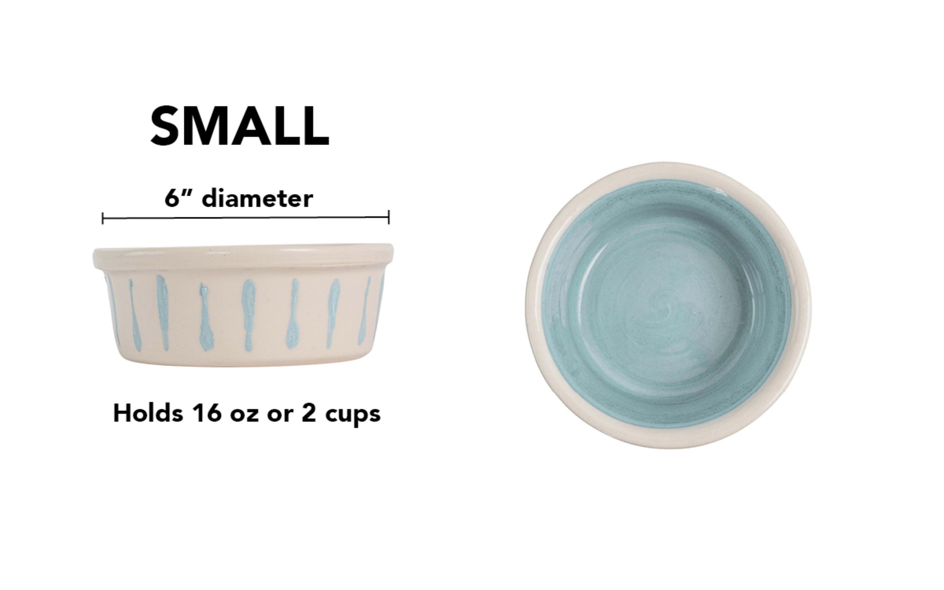 Small sky blue handmade ceramic dog and cat bowl with sky blue vertical drip details around the white exterior, glossy sky blue interior and white rim, 6-inch diameter and 2-cup (16-ounce) capacity.