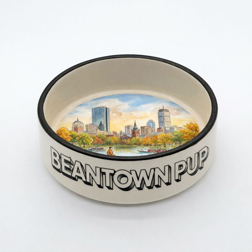Beantown Pup Boston ceramic dog bowl with Public Garden Lagoon and skyline design