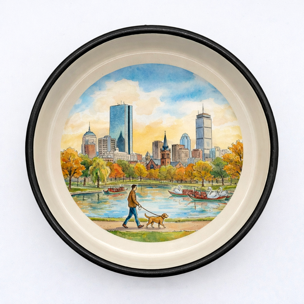 Boston ceramic dog bowl with Public Garden Lagoon, Swan Boats, weeping willows and downtown skyline