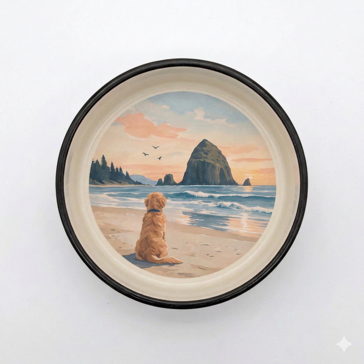 Ceramic dog bowl with Cannon Beach sunset, Haystack Rock and dog sitting on the shore