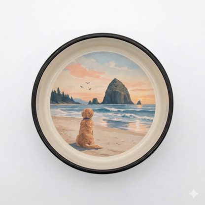 Ceramic dog bowl with Cannon Beach sunset, Haystack Rock and dog sitting on the shore