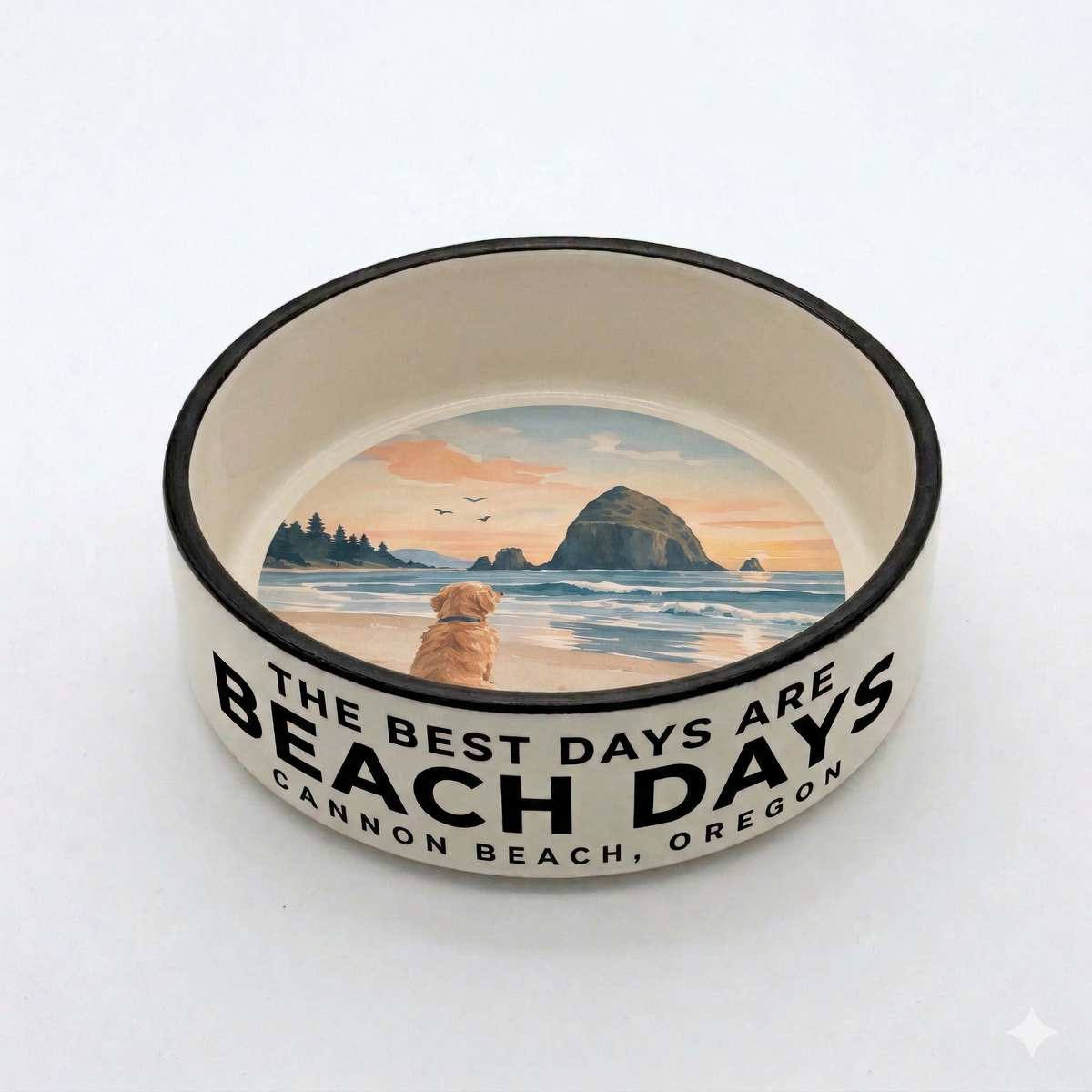Cannon Beach Oregon Coast ceramic dog bowl with Haystack Rock and beach scene