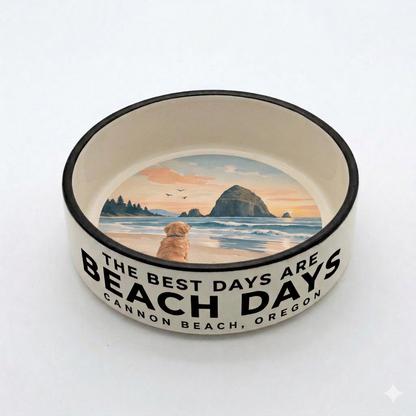 Cannon Beach Oregon Coast ceramic dog bowl with Haystack Rock and beach scene