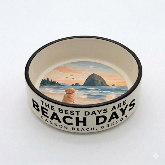 Cannon Beach Oregon Coast ceramic dog bowl with Haystack Rock and beach scene
