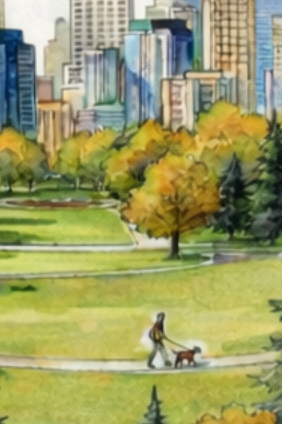 Central Park scene with dog walker and Manhattan skyline from City Licker ceramic dog bowl