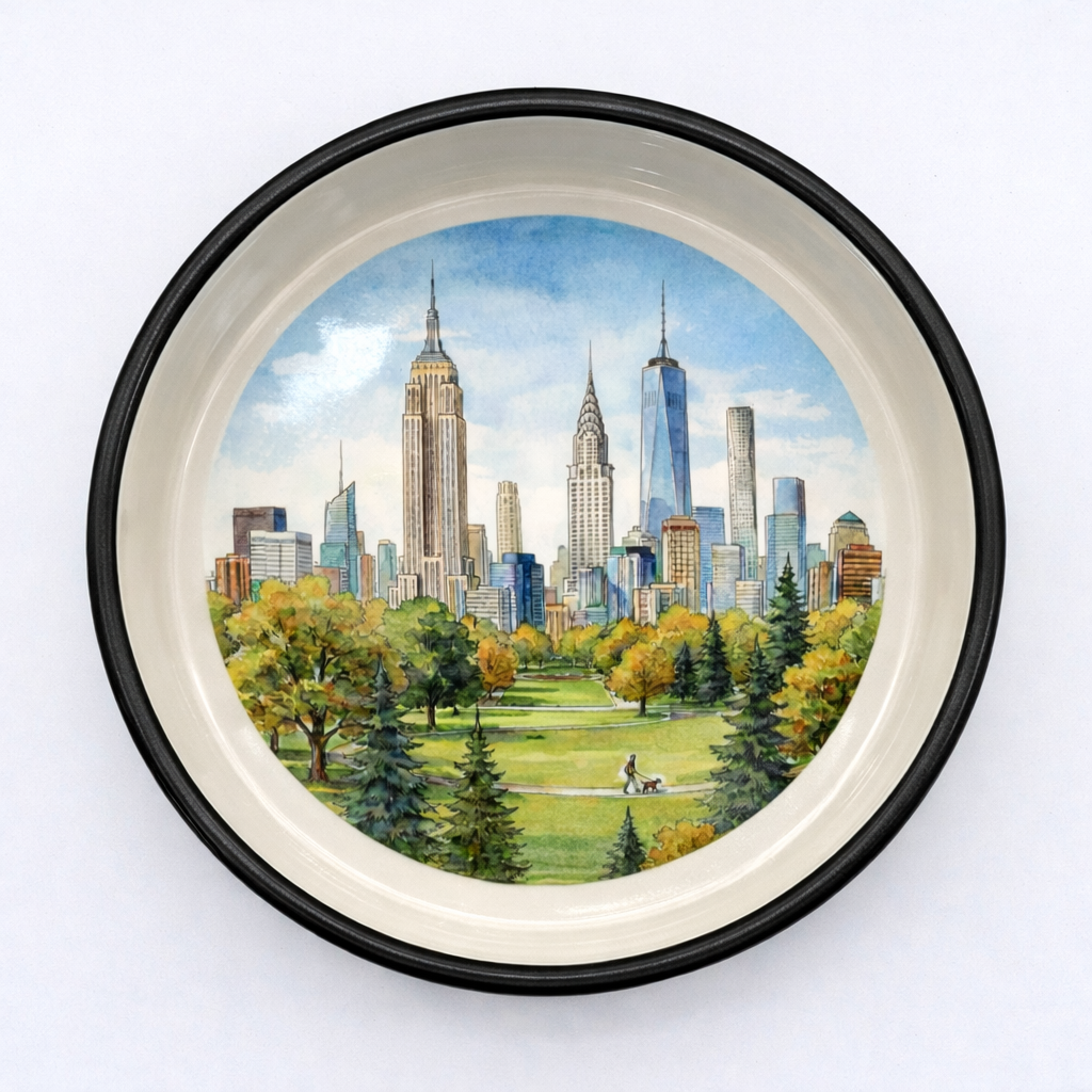 City Licker ceramic dog bowl with Central Park and Manhattan skyline including the Empire State Building