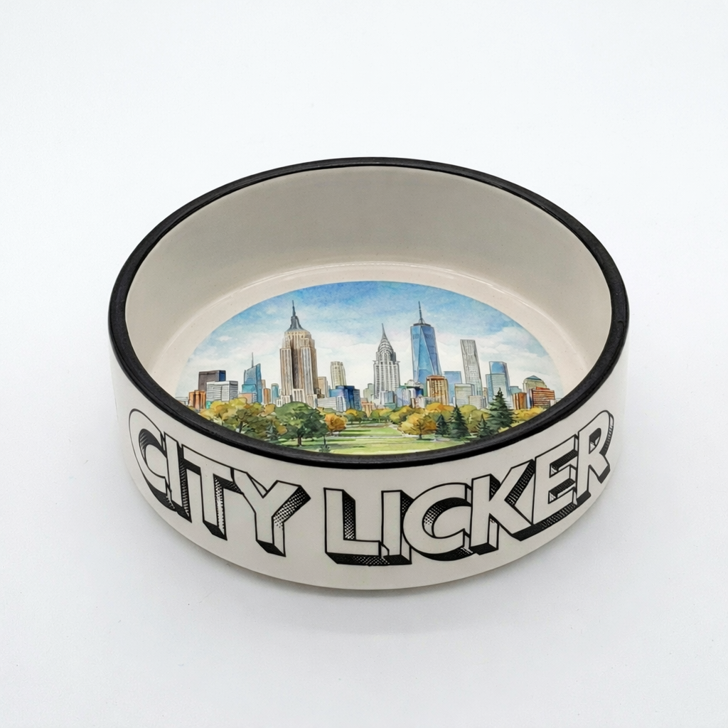 City Licker NYC ceramic dog bowl with Central Park and Manhattan skyline design