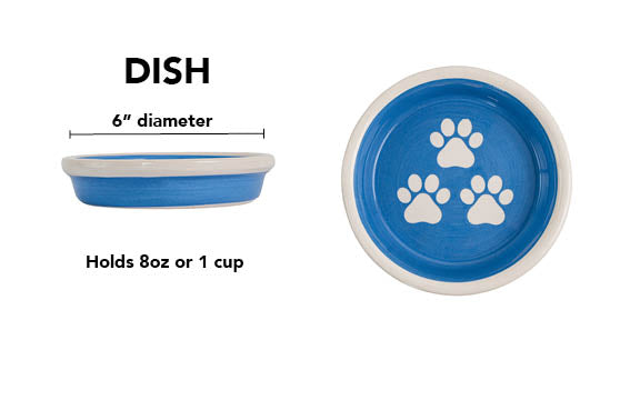 Blue handmade ceramic pet dish with white paw prints, 6-inch diameter and 1-cup (8-ounce) capacity.