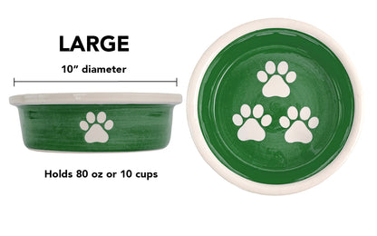 Large green handmade ceramic dog bowl with white paw prints, 10-inch diameter and 10-cup (80-ounce) capacity.