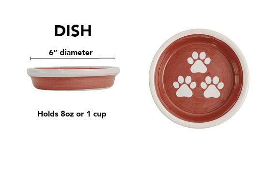 Terracotta handmade ceramic pet dish with white paw prints, 6-inch diameter and 1-cup (8-ounce) capacity.