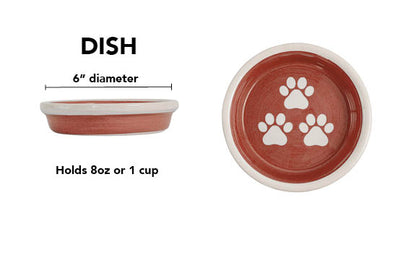 Terracotta handmade ceramic pet dish with white paw prints, 6-inch diameter and 1-cup (8-ounce) capacity.