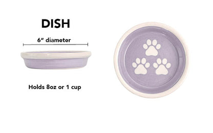Lavender handmade ceramic pet dish with white paw prints, 6-inch diameter and 1-cup (8-ounce) capacity.