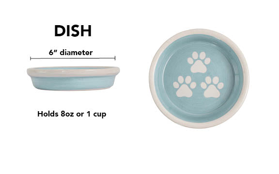 Sky blue handmade ceramic pet dish with white paw prints, 6-inch diameter and 1-cup (8-ounce) capacity.