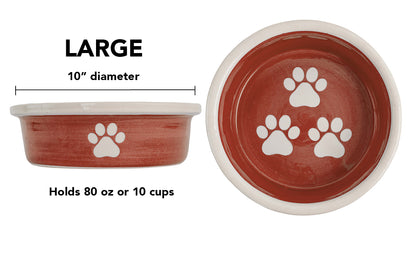 Large terracotta handmade ceramic dog bowl with white paw prints, 10-inch diameter and 10-cup (80-ounce) capacity.