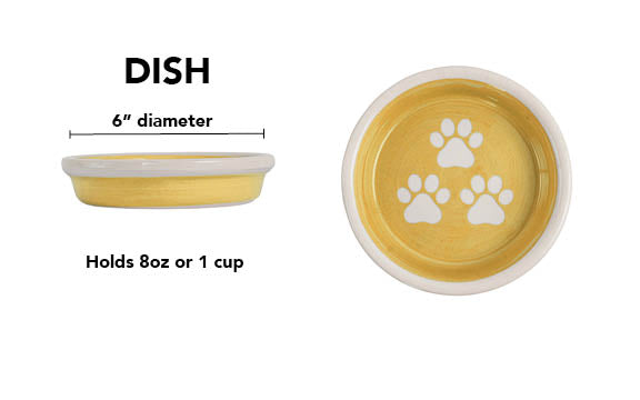 Yellow handmade ceramic pet dish with white paw prints, 6-inch diameter and 1-cup (8-ounce) capacity.