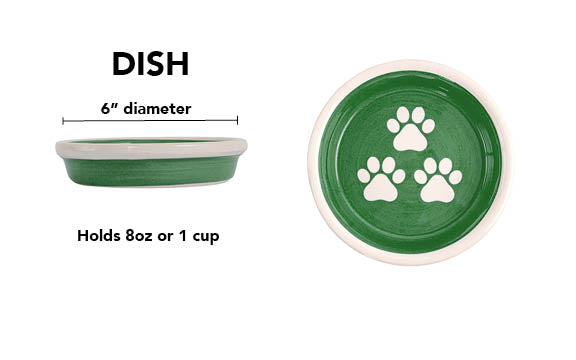 Green handmade ceramic pet dish with white paw prints, 6-inch diameter and 1-cup (8-ounce) capacity.