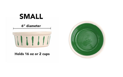 Small green handmade ceramic dog and cat bowl with green vertical drip details around the white exterior, glossy green interior and white rim, 6-inch diameter and 2-cup (16-ounce) capacity.