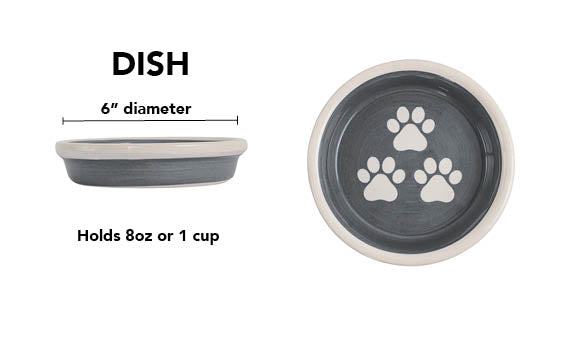 Charcoal gray handmade ceramic pet dish with white paw prints, 6-inch diameter and 1-cup (8-ounce) capacity.
