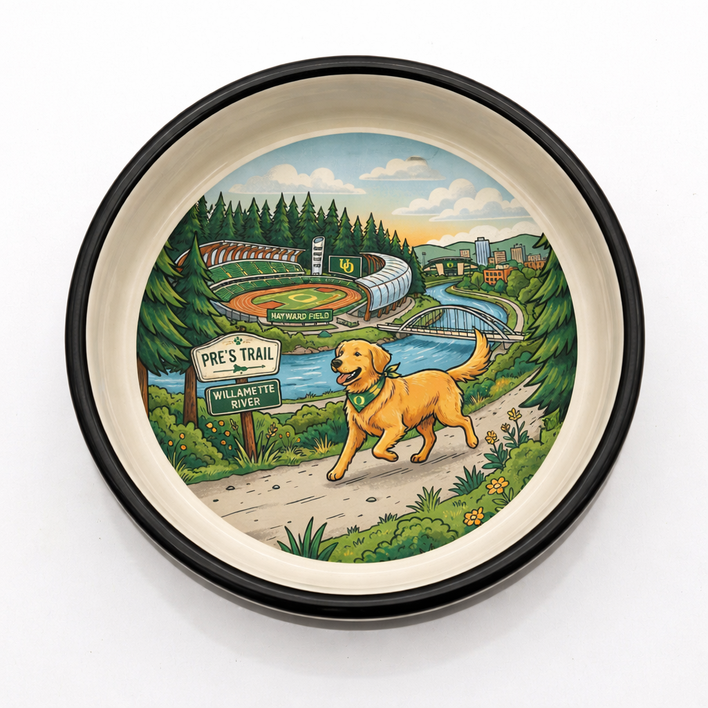 Eugene ceramic dog bowl featuring Hayward Field, Pre’s Trail, the Willamette River and TrackTown USA scenery