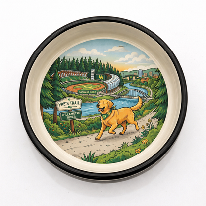 Eugene ceramic dog bowl featuring Hayward Field, Pre’s Trail, the Willamette River and TrackTown USA scenery