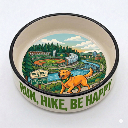 Eugene TrackTown USA ceramic dog bowl with Hayward Field, Pre’s Trail and Run Hike Be Happy design