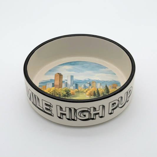 Mile High Pup Denver ceramic dog bowl with fall skyline design
