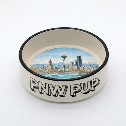 PNW Pup Seattle ceramic dog bowl with Space Needle and waterfront skyline