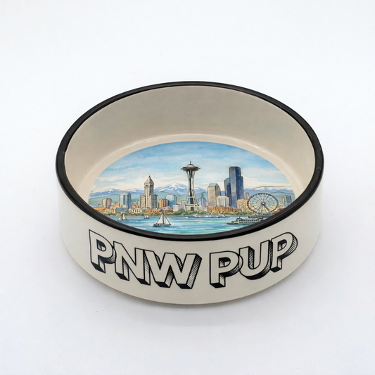 PNW Pup Seattle ceramic dog bowl with Space Needle and waterfront skyline