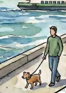 Seattle waterfront artwork with dog walker from PNW Pup ceramic dog bowl