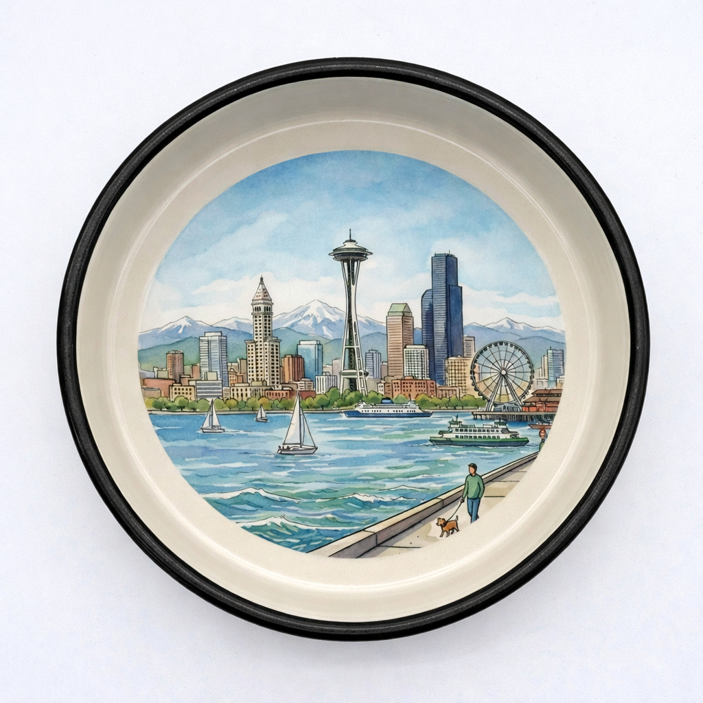 Seattle skyline ceramic dog bowl with Space Needle, ferries and mountain views