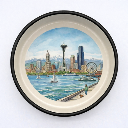 Seattle skyline ceramic dog bowl with Space Needle, ferries and mountain views